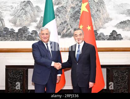 Beijing, China. 4th Sep, 2023. Chinese Foreign Minister Wang Yi, also a member of the Political Bureau of the Communist Party of China Central Committee, holds talks with Italian Vice-President of the Council of Ministers and Minister of Foreign Affairs and International Cooperation Antonio Tajani in Beijing, capital of China, Sept. 4, 2023. Credit: Shen Hong/Xinhua/Alamy Live News Stock Photo