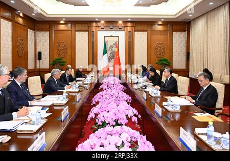 Beijing, China. 4th Sep, 2023. Chinese Foreign Minister Wang Yi, also a member of the Political Bureau of the Communist Party of China Central Committee, holds talks with Italian Vice-President of the Council of Ministers and Minister of Foreign Affairs and International Cooperation Antonio Tajani in Beijing, capital of China, Sept. 4, 2023. Credit: Shen Hong/Xinhua/Alamy Live News Stock Photo