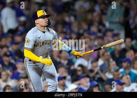 Milwaukee Brewers' William Contreras watches a teammate catch