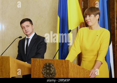 191126 -- TALLINN, Nov. 26, 2019 -- Estonian President Kersti Kaljulaid R and visiting Ukrainian President Volodymyr Zelensky attend a joint press conference in Tallinn, Estonia, Nov. 26, 2019. Estonian President Kersti Kaljulaid on Tuesday reiterated her country s support to Ukraine s reform plan to improve people s living standards and the business environment.  ESTONIA-TALLINN-UKRAINE-PRESIDENT-VISIT GuoxChunju PUBLICATIONxNOTxINxCHN Stock Photo