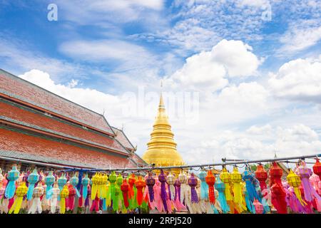 Colorful Lamp Festival and Lantern in Loi Krathong at Wat Phra That Hariphunchai, Lamphun Province Thailand. Stock Photo