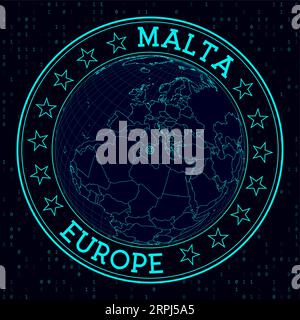 MALTA round sign. Futuristic satellite view of the world centered to MALTA. Geographical badge with map, round text and binary background. Stock Vector