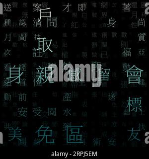 Digital letters cover. Random characters of Chinese Simplified alphabet (Hong Kong). Gradiented matrix pattern. Mint color theme backgrounds. Stock Vector