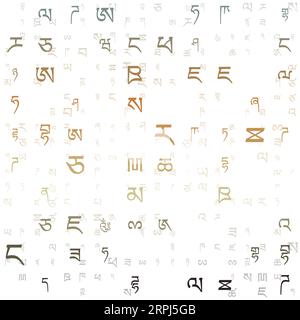 Digital background featuring random letters of the Tibetan alphabet in a gradiented matrix pattern. The color theme includes black, green, and brown. Stock Vector