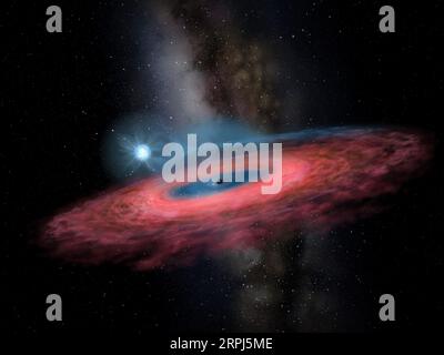 191128 -- BEIJING, Nov. 28, 2019 Xinhua -- This photo shows the artistic rendering of the black hole LB-1. A Chinese-led research team has discovered a surprisingly huge stellar black hole about 14,000 light-years from Earth -- our backyard of the universe -- forcing scientists to re-examine how such black holes form. The team, headed by Liu Jifeng, of the National Astronomical Observatory of the Chinese Academy of Sciences NAOC, spotted the black hole, which has a mass 70 times greater than the Sun. Researchers named the monster black hole LB-1. Xinhua EyesonSci CHINA-BLACK HOLE-LB-1 CN PUBLI Stock Photo