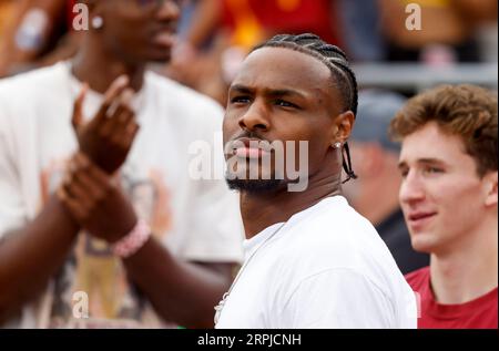 September 02, 2023 USC basketball player Bronny James watches on during the NCAA football game between the Nevada Wolf Pack and USC Trojans at the Los Angeles Coliseum in Los Angeles, California. Mandatory Photo Credit : Charles Baus/CSM Stock Photo