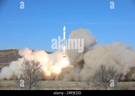 News Bilder des Tages 191207 -- TAIYUAN, Dec. 7, 2019 Xinhua -- The Jilin-1 Gaofen 02B satellite, which belongs to the Jilin-1 satellite family, is launched with Kuaizhou-1A KZ-1A from the Taiyuan Satellite Launch Center in north China s Shanxi Province Dec. 7, 2019. The new optical remote sensing satellite will form a network with the 14 previously launched Jilin-1 satellites, providing remote sensing data and services for agriculture, forestry, resources and environment. Photo by Zheng Taotao/Xinhua EyesonSciCHINA-SHANXI-OPTICAL REMOTE SENSING SATELLITE-LAUNCHING CN PUBLICATIONxNOTxINxCHN Stock Photo