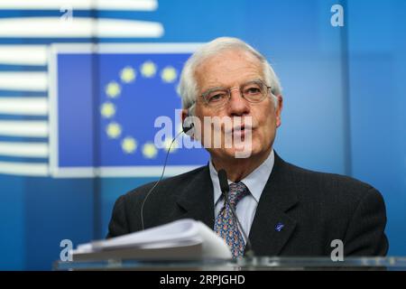 191209 -- BRUSSELS, Dec. 9, 2019 -- The new EU High Representative for Foreign Affairs and Security Policy Josep Borrell Fontelles speaks during a press conference after the EU Foreign Affairs Council meeting at the EU headquarters in Brussels, Belgium, on Dec. 9, 2019. The EU Foreign Affairs Council meeting was closed here on Monday.  BELGIUM-BRUSSELS-EU-FOREIGN AFFAIRS COUNCIL-MEETING-CLOSING ZhengxHuansong PUBLICATIONxNOTxINxCHN Stock Photo