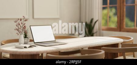 A blank screen laptop mockup on a table in a minimal Scandinavian room interior. Laptop on a dining table or meeting table. close-up image. 3d render, Stock Photo