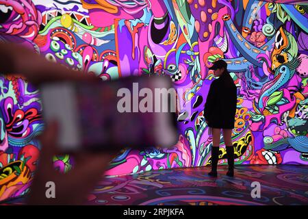 191213 -- CHANGSHA, Dec. 13, 2019 -- A visitor poses for photos at a multimedia art show in Changsha Meixi Lake International Culture and Arts Center in Changsha, central China s Hunan Province, Dec. 12, 2019. The interactive art show combines technology and art, attracting many visitors.  CHINA-CHANGSHA-MULTIMEDIA ART SHOW CN XuexYuge PUBLICATIONxNOTxINxCHN Stock Photo