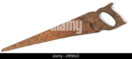 close-up of old rusty hacksaw or handsaw with wooden handle, weathered and worn traditional hand tool isolated on white background Stock Photo
