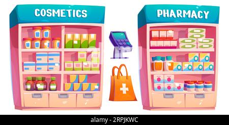 Equipment for pharmacy interior - shelves and racks with boxes, tubes and jars of medicines and pills, cash register and package with purchased drugs. Cartoon vector illustration set of drugstore. Stock Vector