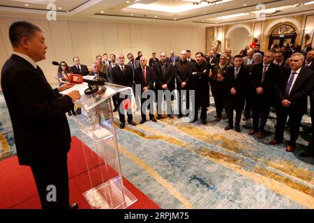 191213 -- BEIRUT, Dec. 13, 2019 Xinhua -- Chinese Ambassador to Lebanon Wang Kejian speaks during a reception in Beirut, Lebanon, on Dec. 13, 2019. The Chinese embassy in Lebanon held a reception on Friday for the Lebanese who have participated in training sessions and workshops in China. As many as 150 Lebanese have visited China for training and workshop this year, said Wang Kejian. Photo by Bilal Jawich/Xinhua LEBANON-BEIRUT-CHINA-EMBASSY-RECEPTION PUBLICATIONxNOTxINxCHN Stock Photo