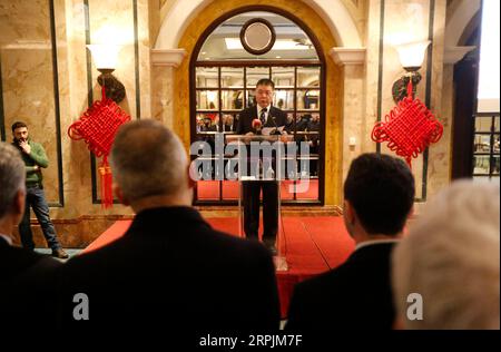 191213 -- BEIRUT, Dec. 13, 2019 Xinhua -- Chinese Ambassador to Lebanon Wang Kejian speaks during a reception in Beirut, Lebanon, on Dec. 13, 2019. The Chinese embassy in Lebanon held a reception on Friday for the Lebanese who have participated in training sessions and workshops in China. As many as 150 Lebanese have visited China for training and workshop this year, said Wang Kejian. Photo by Bilal Jawich/Xinhua LEBANON-BEIRUT-CHINA-EMBASSY-RECEPTION PUBLICATIONxNOTxINxCHN Stock Photo