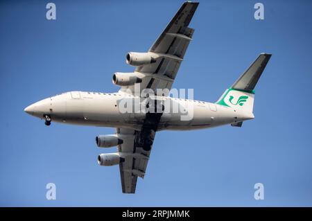 191215 -- BEIJING, Dec. 15, 2019 -- Photo taken on Dec. 14, 2019 shows an Airbus A340 of Mahan Air approaching the Mehrabad International Airport in Tehran, Iran. The U.S. Treasury on Wednesday imposed new sanctions on the Iranian airline of Mahan Air and its shipping industry, accusing it of transporting lethal aid from Iran to Yemen. Iran s Civil Aviation Organization CAO dismissed any negative impact of recent U.S. sanctions on the Islamic Republic s airlines, Tehran Times daily reported on Friday. Photo by /Xinhua XINHUA PHOTOS OF THE DAY AhmadxHalabisaz PUBLICATIONxNOTxINxCHN Stock Photo