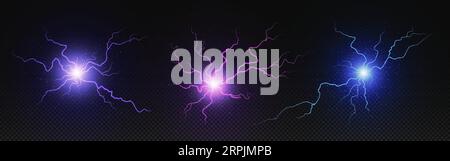 Realistic circle electric bolt energy explosion. Lightning power ball with spark vector effect isolated on background. 3d thunder discharge. Purple, pink and blue thunderbolt flash neon laser glow Stock Vector