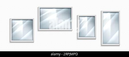 Glass mirror texture with frame and reflection. 3d realistic clear gloss panel effect for window isolated mockup. Crystal surface reflect light interior board icon set. Silver border illustration Stock Vector
