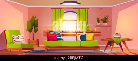 Wall of room with window,curtain and pots with flowers,cartoon vector ...
