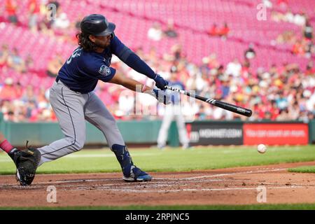 Seattle Mariners' Eugenio Suarez bats against the Cleveland Guardians  during the third inning of a baseball game, Sunday, April 9, 2023, in  Cleveland. (AP Photo/Ron Schwane Stock Photo - Alamy