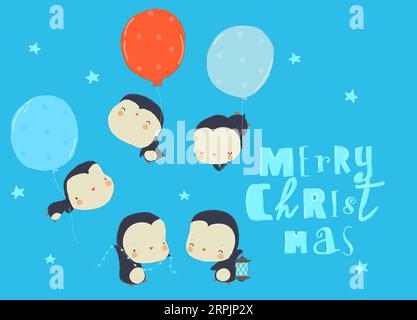 Cute Hand Drawn Penguins flying with Color Balloons, Merry Christmas greetings Stock Vector
