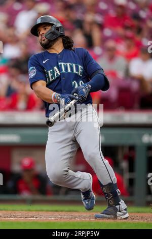 Seattle Mariners' Eugenio Suarez bats against the Cleveland Guardians  during the third inning of a baseball game, Sunday, April 9, 2023, in  Cleveland. (AP Photo/Ron Schwane Stock Photo - Alamy