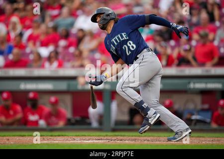 Seattle Mariners' Eugenio Suarez bats against the Cleveland Guardians  during the third inning of a baseball game, Sunday, April 9, 2023, in  Cleveland. (AP Photo/Ron Schwane Stock Photo - Alamy