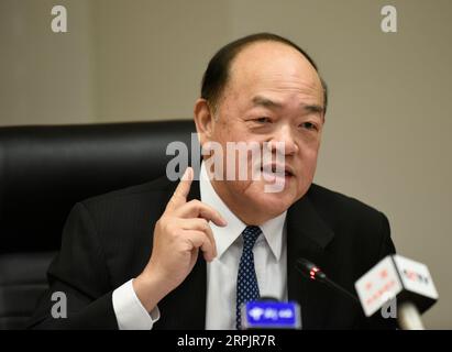 191218 -- MACAO, Dec. 18, 2019 -- Ho Iat Seng, incoming chief executive of China s Macao Special Administrative Region SAR, speaks during an interview with Xinhua in Macao, south China, Nov. 20, 2019.  Xinhua Headlines: 20 yrs back with motherland, Macao model of one country, two systems success XuxLiang PUBLICATIONxNOTxINxCHN Stock Photo
