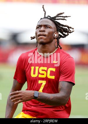 September 02, 2023 USC Trojans safety Calen Bullock #7 in action during the NCAA football game between the Nevada Wolf Pack and USC Trojans at the Los Angeles Coliseum in Los Angeles, California. Mandatory Photo Credit : Charles Baus/CSM Stock Photo