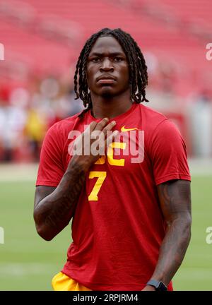 September 02, 2023 USC Trojans safety Calen Bullock #7 in action during the NCAA football game between the Nevada Wolf Pack and USC Trojans at the Los Angeles Coliseum in Los Angeles, California. Mandatory Photo Credit : Charles Baus/CSM Stock Photo