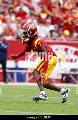 September 02, 2023 USC Trojans safety Calen Bullock #7 in action during the NCAA football game between the Nevada Wolf Pack and USC Trojans at the Los Angeles Coliseum in Los Angeles, California. Mandatory Photo Credit : Charles Baus/CSM Stock Photo