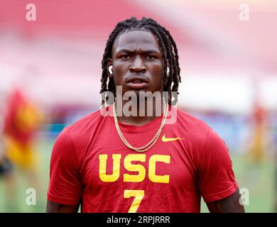 September 02, 2023 USC Trojans safety Calen Bullock #7 in action during the NCAA football game between the Nevada Wolf Pack and USC Trojans at the Los Angeles Coliseum in Los Angeles, California. Mandatory Photo Credit : Charles Baus/CSM Stock Photo