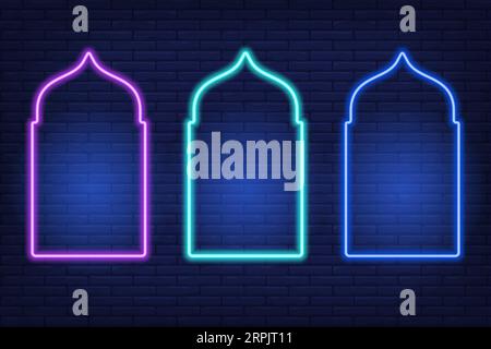 Neon Ramadan islamic frame. Vector arch shapes on dark background. Muslim door and window. Arabian bright template set. Stock Vector