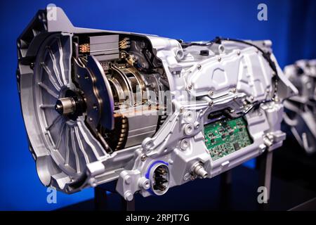 Munich, Germany. 04th Sep, 2023. An 8-speed plug-in hybrid transmission from automotive supplier ZF Friedrichshafen is on display at the press day of the IAA auto and transport show in a hall at Messe München. The International Motor Show IAA MOBILITY 2023 will take place in Munich from September 05-10. Credit: Matthias Balk/dpa/Ģ����ý Live News Stock Photo