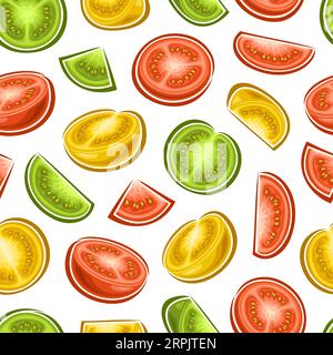 Vector Colorful Tomato seamless pattern, repeat background with chopped ripe garden tomatoes for bed linen, decorative square poster with group of fla Stock Vector