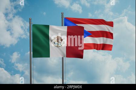 Puerto Rico and Mexico flag waving together in the wind on blue sky, two country cooperation concept Stock Photo