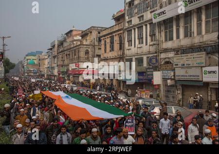 191221 -- NEW DELHI, Dec. 21, 2019 -- Protesters march during a protest against new citizenship law in New Delhi, India, Dec. 20, 2019. At least six people were killed and several others injured Friday during violence in the northern Indian state of Uttar Pradesh over the controversial new citizenship law, police said. Protests erupted across India and inside universities against the new citizenship law last week after Indian parliament passed the law. Photo by /Xinhua INDIA-NEW DELHI-PROTESTS-NEW CITIZENSHIP LAW JavedxDar PUBLICATIONxNOTxINxCHN Stock Photo