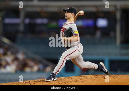 Atlanta Braves starting pitcher Spencer Strider (99) throws to the plate during a regular season game between the Atlanta Braves and Los Angeles Dodge Stock Photo