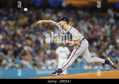 Atlanta Braves starting pitcher Spencer Strider (99) throws to the plate during a regular season game between the Atlanta Braves and Los Angeles Dodge Stock Photo