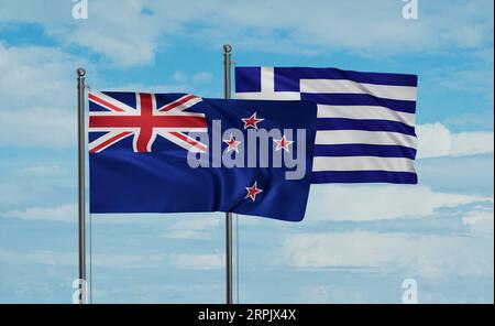 Greece flag and New Zealand flag waving together on blue sky, two country cooperation concept Stock Photo