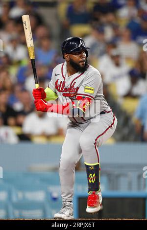 Atlanta Braves designated hitter Marcell Ozuna (20) waits for a pitch during a regular season game between the Atlanta Braves and Los Angeles Dodgers, Stock Photo