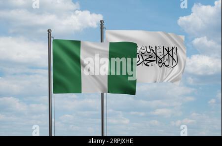 Nigeria flag and Afghanistan flag waving together in the wind on blue sky Stock Photo