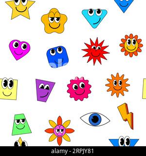 Cartoon stickers seamless pattern. Abstract shapes, stars, square, comic cute doodle smile characters Stock Vector