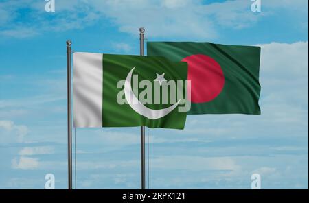 Pakistan flag and Bangladesh flag waving together on blue sky, two ...