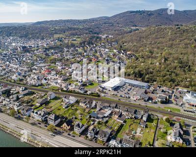 24.04.2021 Bad Breisig Germany Aerial view of village Bad Breisig at the Rhine River. Stock Photo