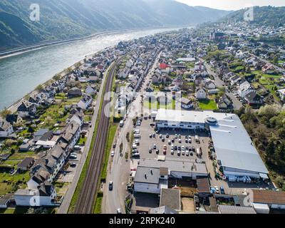 24.04.2021 Bad Breisig Germany Aerial view of village Bad Breisig at the Rhine River. Stock Photo