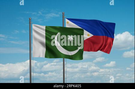 Pakistan flag and Philippines flag waving together on blue sky, two ...