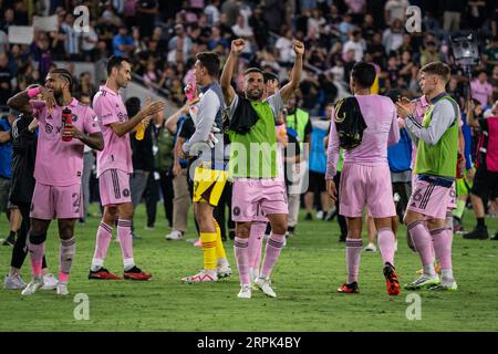 Inter Miami defender Jordi Alba (18) celebrates a victory against LAFC after a MLS match, Sunday, September 3, 2023, at the BMO Stadium, in Los Angele Stock Photo