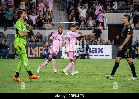 Inter Miami defender DeAndre Yedlin (2) and defender Jordi Alba (18) celebrate during a MLS match against LAFC, Sunday, September 3, 2023, at the BMO Stock Photo