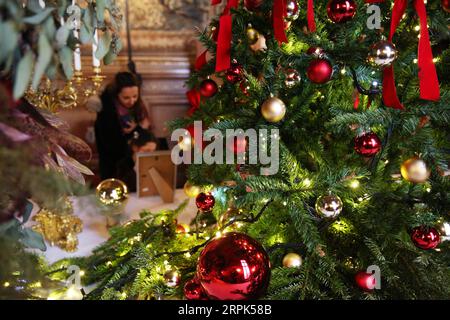191230 -- PARIS, Dec. 30, 2019 -- Colorful decorations are seen at the Chantilly Castle, north of Paris, France, Dec. 29, 2019. Festive decorations including majestic Christmas trees and a 12-metre long festive table adorned with party decorations are seen at the Chantilly Castle in celebration of Christmas and the upcoming New Year. The decorations will be presented until Jan. 5, 2020.  FRANCE-CHANTILLY CASTLE-FESTIVAL-DECORATIONS GaoxJing PUBLICATIONxNOTxINxCHN Stock Photo