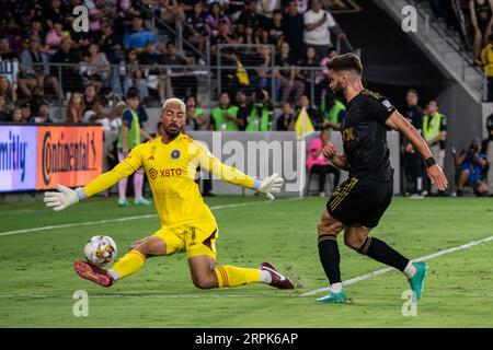 Inter Miami goalkeeper Drake Callender (1) blocks a shot by LAFC forward Mario González (9) during a MLS match, Sunday, September 3, 2023, at the BMO Stock Photo